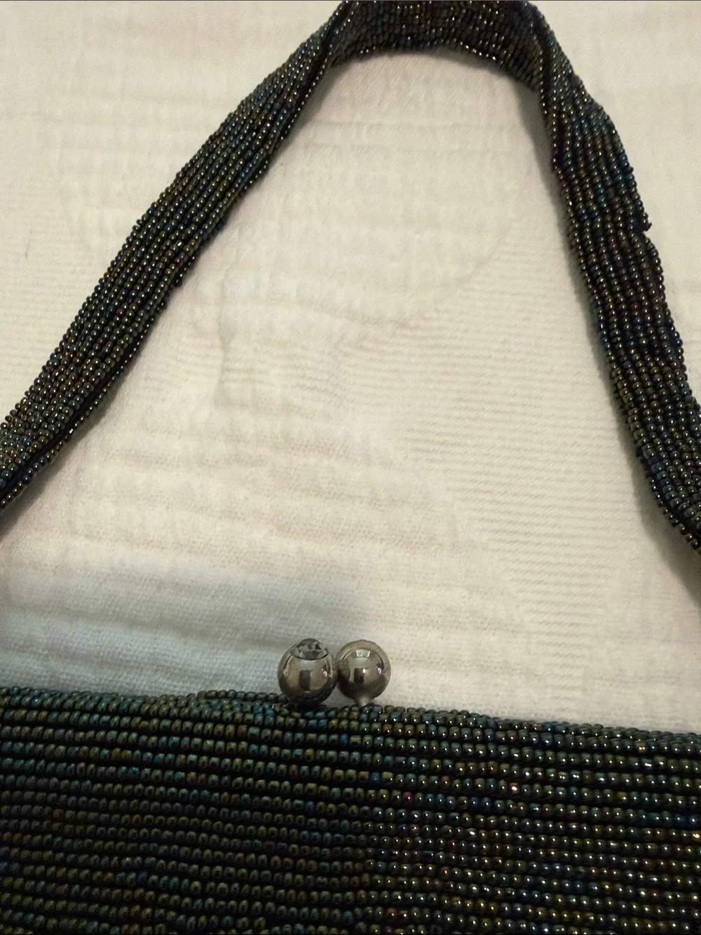 Beaded Antique Evening Handbag in Iridescent Dark Green Beads, etc All Perfect.